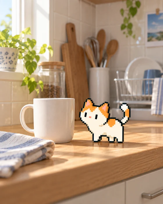 キッチンのコップと、そばにいるこはく