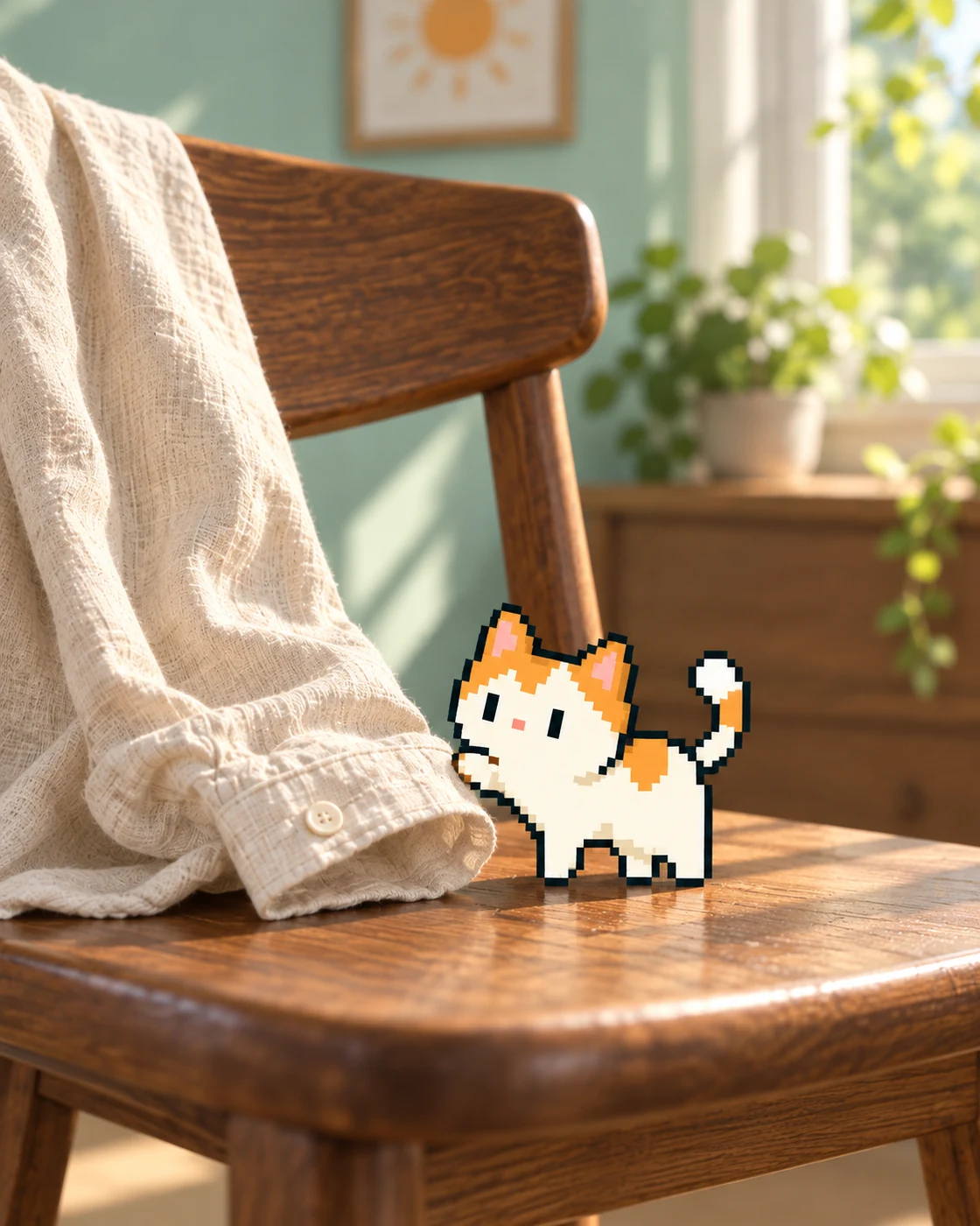 椅子の服を見つめる、ドット猫のこはく。暮らしの中の小さな片づけを描いたイメージ。