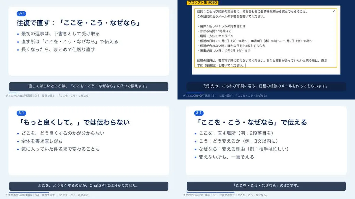 チエロのChatGPT講座 レッスン3-1の画面4つ。スライドと字幕、ChatGPTに貼る依頼文