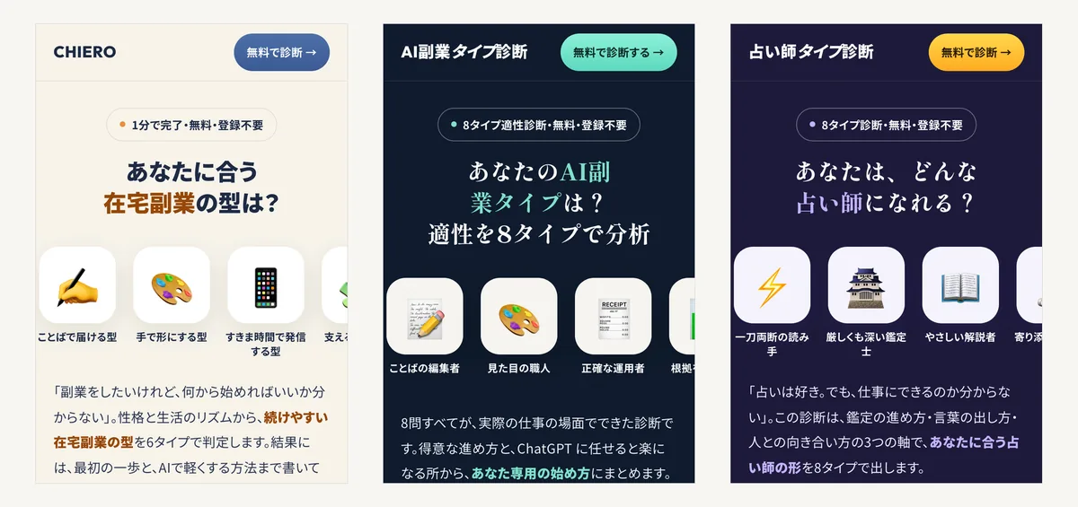 スマートフォンで見た診断ページ3つ。在宅副業の型、AI副業タイプ診断、占い師タイプ診断の最初の画面