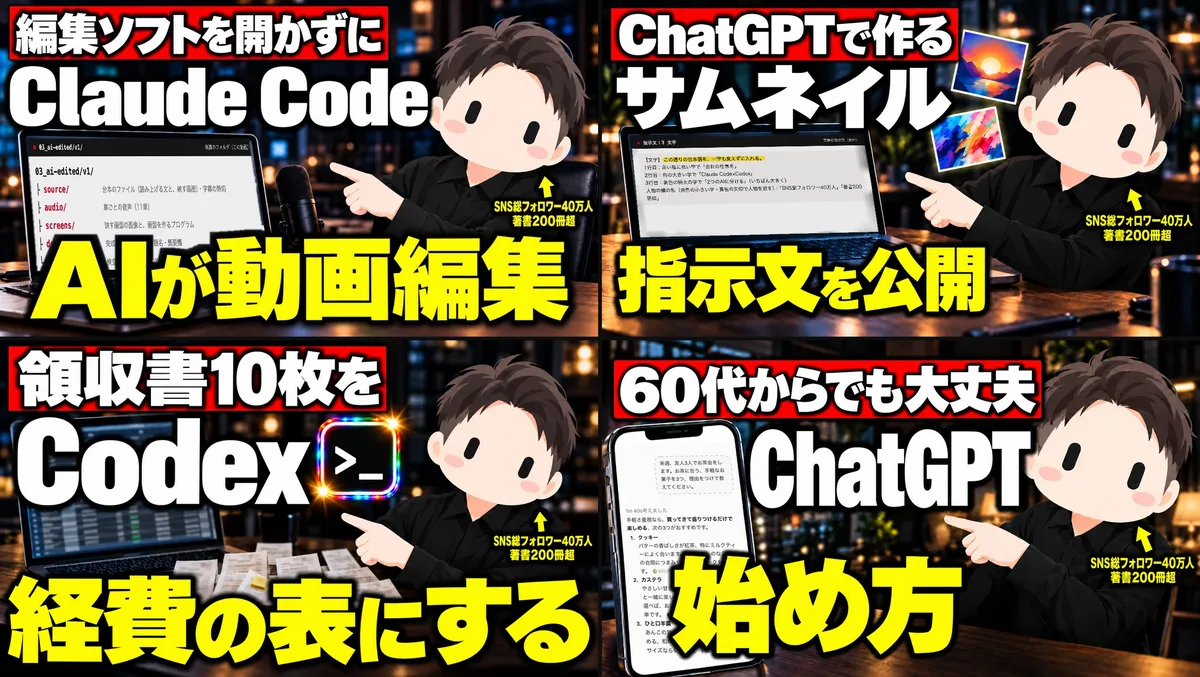 CHIEROのYouTubeで公開した動画のサムネ4枚。AIが動画編集、ChatGPTで作るサムネイル、Codexで経費の表にする、60代からのChatGPT