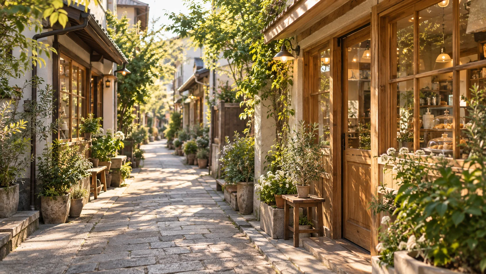 小さなお店が並ぶ、緑のある街並みのイメージ